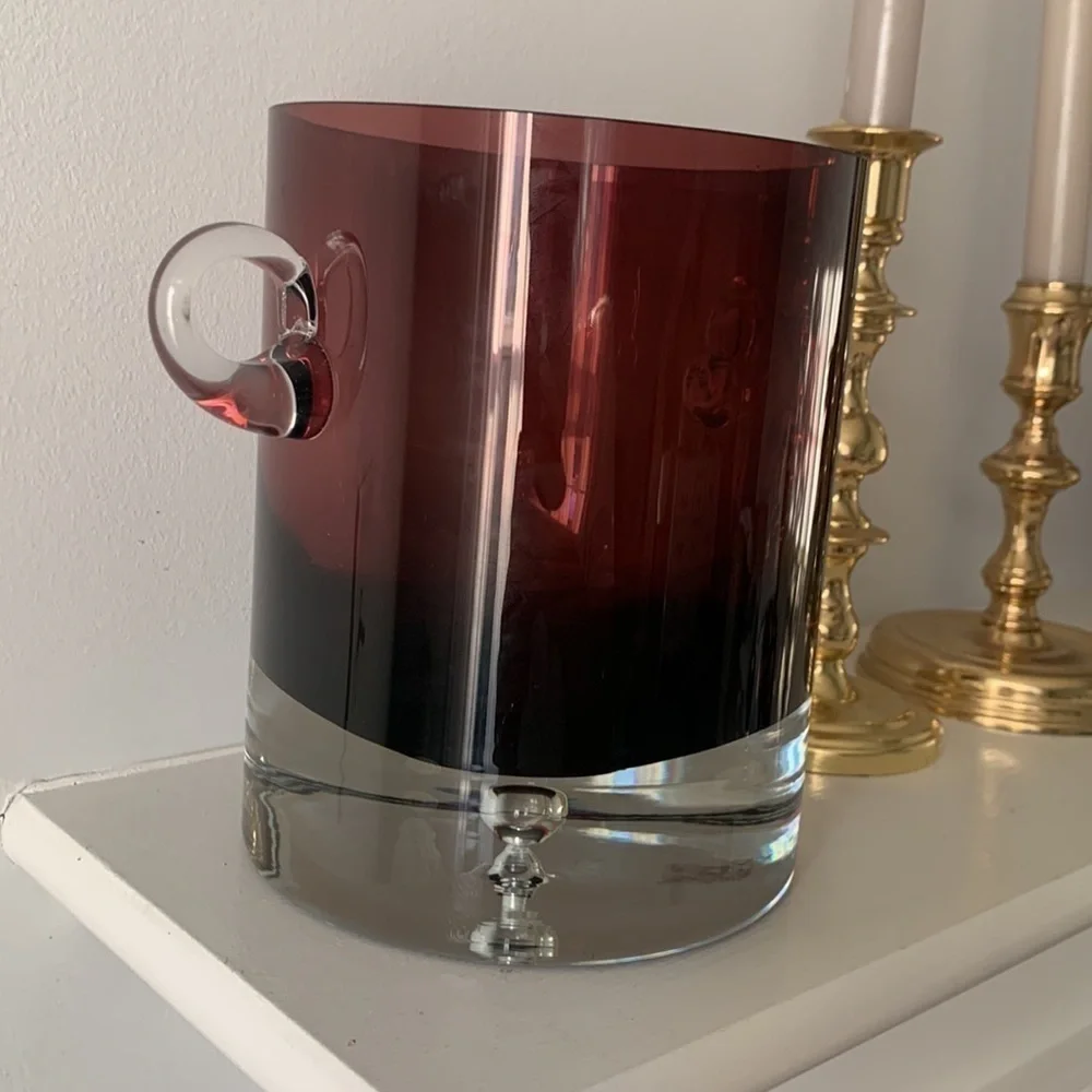 MCM Krosno Poland Block Art Glass With handles Vase‎ Purple Clear Base Bubble